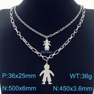 Double Link Chain Silver Color Stainless Steel Boy & Girls Pendant Necklace - KN236458-Z