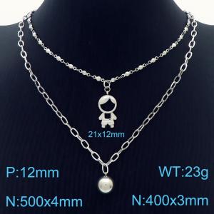 Double Link Chain Silver Color Round Ball Stainless Steel Girls Pendant Necklace - KN236460-Z