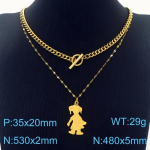 OT Clasp Dounle Cuban Link Chain Gold Color Stainless Steel Girl Pendant Necklace - KN236461-Z