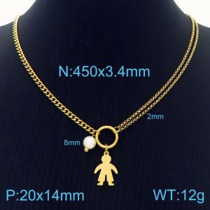 45cm Box Link Chain Gold Color Stainless Steel Curb Boy Pendant Imitation Pearl Bead Necklace - KN236463-Z