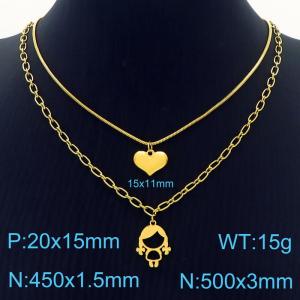 Double Link Chain Gold Color Heart Stainless Steel Girls Pendant Necklace - KN236464-Z