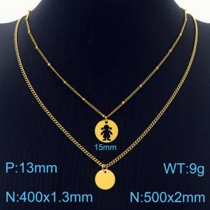 Double Link Chain Gold Color Round Stainless Steel Girls Pendant Necklace - KN236465-Z