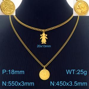 Double Cuban  Link Chain Gold Color Round Stainless Steel Girls Pendant Necklace - KN236466-Z