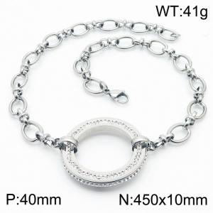 45cm Silver Color Stainless Steel Circle Rhinestone Link Chain Necklace - KN236486-Z