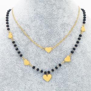 Simple Gold Heart Black Bead Strand Double Chains Stainless Steel Pendant Necklace For Women - KN236496-MW