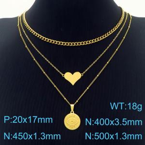 Stainless steel 500x1.3mm &450x2mm fine chain&400x3.5mm cuban chain  heart-shaped charm and demon eye pendant gold  3-layered necklace - KN236579-HM