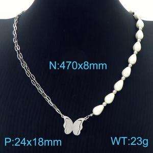 8mm Butterfly Pendant Double Link Chain Stainless Steel Necklace With Shell Pearl Beads Silver Color - KN236646-KSP