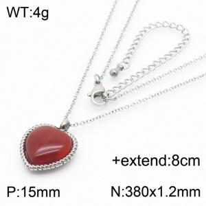 38cm Fashion Silver Color Stainless Steel Red Color Stone Heart Pendant Link Chian Necklace For Women Jewelry - KN236939-GC