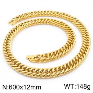 600X12mm Gold-Plated Stainless Steel Clip Clasp Compact Cuban Links Necklace - KN237007-TSC