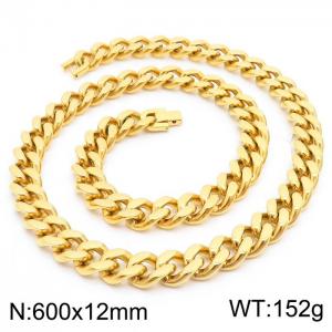 600X12mm Flat Surface Gold-Plated Stainless Steel Clip Clasp Cuban Links Necklace - KN237019-TSC