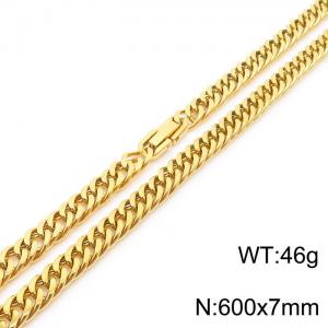 600X7mm Flat Surface Gold-Plated Stainless Steel Clip Clasp Compact Cuban Links Necklace - KN237025-TSC