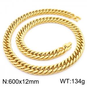 600X12mm Flat Surface Gold-Plated Stainless Steel Clip Clasp Compact Cuban Links Necklace - KN237027-TSC