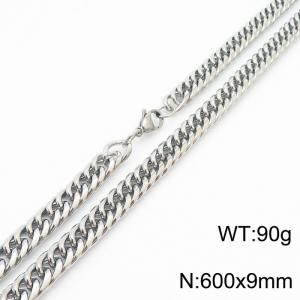 Mens Miami Cuban Link Chain 18K Silver 9mm Stainless Steel Curb Necklace - KN237400-TK