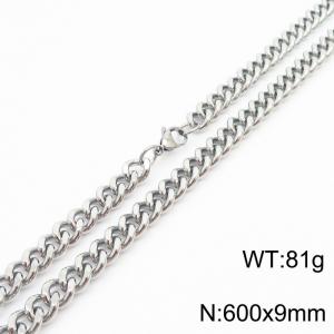 Mens Miami Cuban Link Chain 18K Silver 9mm Stainless Steel Curb Necklace - KN237414-TK