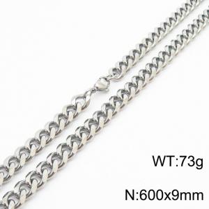 Mens Miami Cuban Link Chain 18K Silver 9mm Stainless Steel Curb Necklace - KN237422-TK