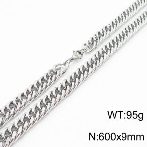 Mens Miami Cuban Link Chain 18K Silver 9mm Stainless Steel Curb Necklace - KN237431-TK