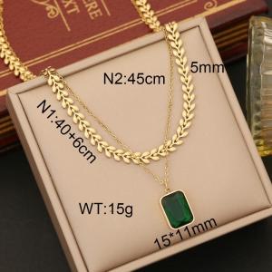 European and American fashion stainless steel double chain square Emerald pendant women's jewelry gold necklace - KN237557-WGYB