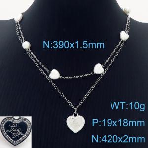 420&390mm Women Stainless Steel&Shell Links Double-Chain Necklace with Zircons Romantic Love Heart Pendant - KN237561-KSP