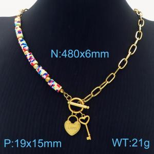 Stainless steel fashionable and minimalist color beaded connection O-chain, heart shaped key pendant gold  necklace - KN237591-NJ
