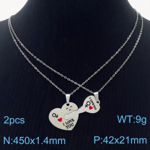 Stainless Steel Silver Color Heart Key Pendant Cuban Link Chain Couple Necklaces - KN237600-SS