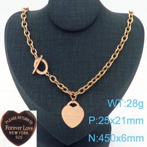 6MM O-Chain Stainless Steel Necklace With Heart Shape Pendant Rose Gold Color - KN237680-KLX