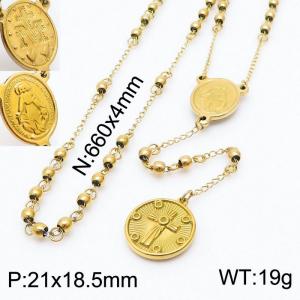 Stainless Steel Gold Color Circle Pendant Bead Cuban Link Chain Necklaces For Women - KN237683-Z