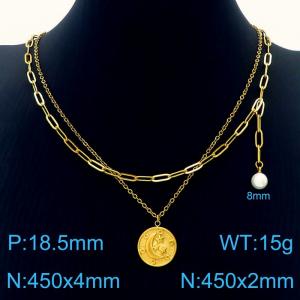 Stainless Steel Gold Color Moon Star In Circle Pearl Pendant Double Chain Necklaces For Women - KN237689-Z