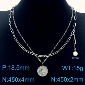 Stainless Steel Silver Color Moon Star In Circle Pearl Pendant Double Chain Necklaces For Women - KN237690-Z
