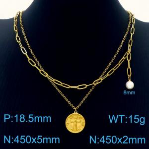 Stainless Steel Gold Color Cross In Circle Pearl Pendant Double Chain Necklaces For Women - KN237691-Z