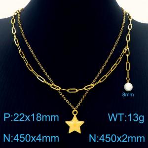Stainless Steel Gold Color Star Pearl Pendant Double Chain Necklaces For Women - KN237693-Z
