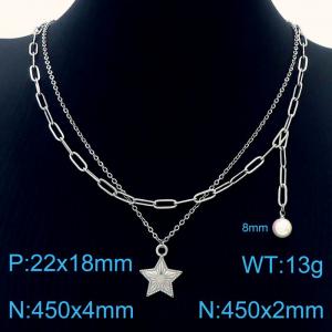 Stainless Steel Silver Color Star Pearl Pendant Double Chain Necklaces For Women - KN237694-Z