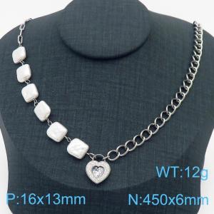 Stainless steel square pearl patchwork mixed chain paired with brick and stone heart-shaped pendant jewelry fashion gold necklace - KN237987-KSP