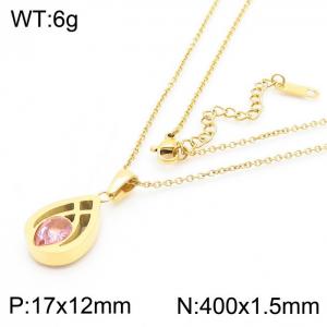 Stainless steel 400 × 1.5mm welded chain fashionable hollow water drop inlaid pink gemstone pendant charm gold necklace - KN237996-KLX