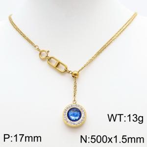 Stainless Steel Necklace Link Chain With Blue Stone Pendant Gold Color - KN238395-Z