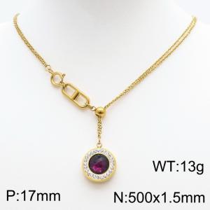 Stainless Steel Necklace Link Chain With Dark Red Stone Pendant Gold Color - KN238396-Z