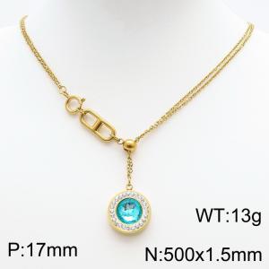 Stainless Steel Necklace Link Chain With Light Green Stone Pendant Gold Color - KN238397-Z