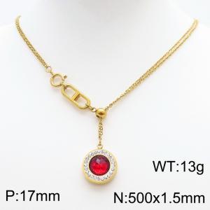 Stainless Steel Necklace Link Chain With Red Stone Pendant Gold Color - KN238398-Z