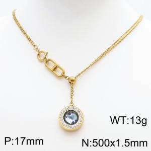 Stainless Steel Necklace Link Chain With Light Blue Stone Pendant Gold Color - KN238399-Z