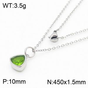 Fashion stainless steel 450 × 1.5mm fine chain with hanging triangle light green glass pendant charm silver necklace - KN238983-LK