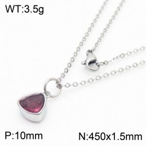 Fashion stainless steel 450 × 1.5mm fine chain with hanging triangle light dark red glass pendant charm silver necklace - KN238989-LK