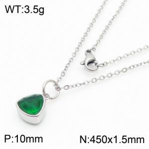 Fashion stainless steel 450 × 1.5mm fine chain with hanging triangular green glass pendant charm silver necklace - KN238990-LK