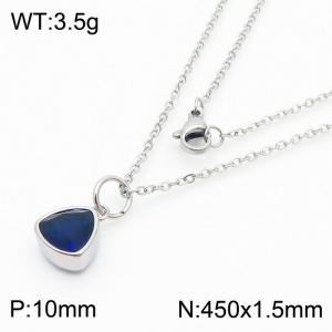 Fashion stainless steel 450 × 1.5mm fine chain with hanging triangle dark blue glass pendant charm silver necklace - KN238993-LK