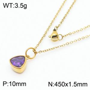 Fashion stainless steel 450 × 1.5mm fine chain paired with hanging triangular purple glass pendant charm gold necklace - KN238996-LK