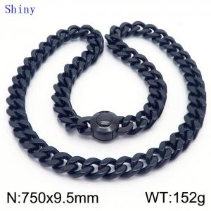 European and American fashion stainless steel 750 × 9.5mm Cuban chain smooth round buckle men's temperament black necklace - KN239154-Z