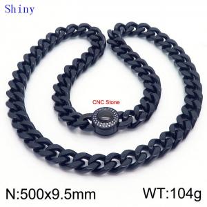 European and American fashion stainless steel 500 × 9.5mm Cuban chain diamond round buckle men's temperament black necklace - KN239156-Z