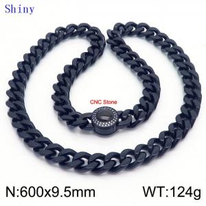 European and American fashion stainless steel 600 × 9.5mm Cuban chain diamond round buckle men's temperament black necklace - KN239158-Z