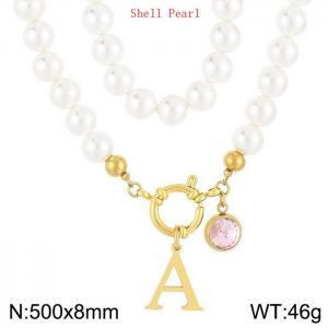 Shell Pearl Necklace with Stainless Steel Name Letter Pendant - KN239165-Z