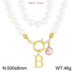 Shell Pearl Necklace with Stainless Steel Name Letter Pendant - KN239166-Z