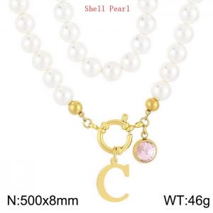 Shell Pearl Necklace with Stainless Steel Name Letter Pendant - KN239167-Z