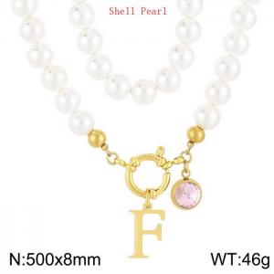 Shell Pearl Necklace with Stainless Steel Name Letter Pendant - KN239170-Z